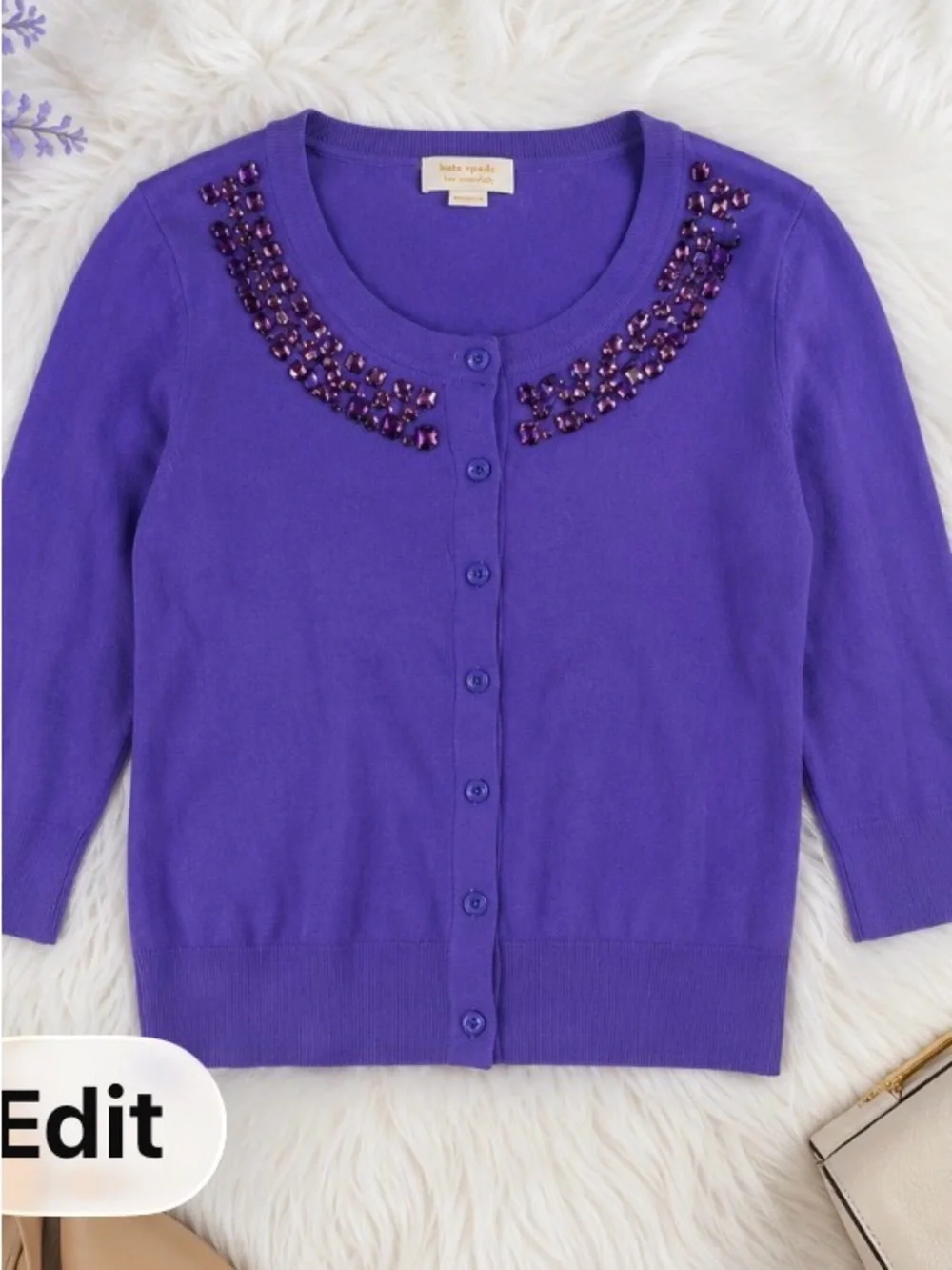 Kate Spade New York Jeweled Cashmere Silk Blend Purple Cardigan Sweater